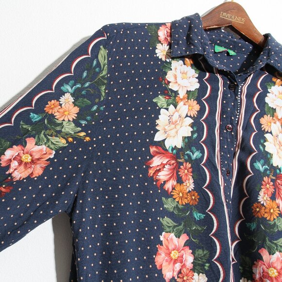 Farm Rio Floral Long Sleeve Shirt Blouse Button Up Floral Polka Dot Sz G / Large - Picture 2 of 15